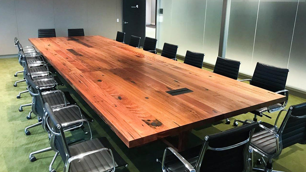 Commercial projects fitout recycled timber wood indoor office internal design cladding boardroom table desk bench shelving battens melbourne australia timber revival