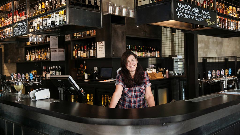 Recycled timber bar top, stained black, Northcote Social Club