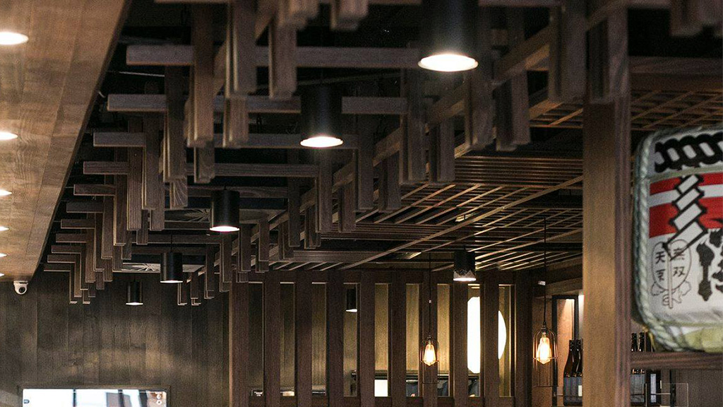 shujinko ramen restaurant bar cafe flinders melbourne design fit out construction architect timber vic ash ceiling roof feature