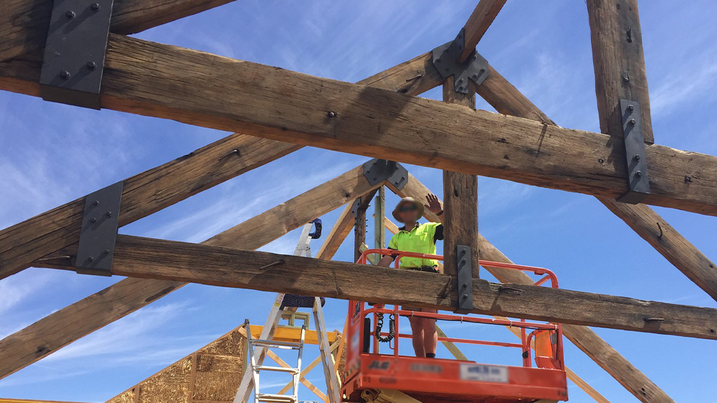 Recycled wharf timbers repurposed as trusses